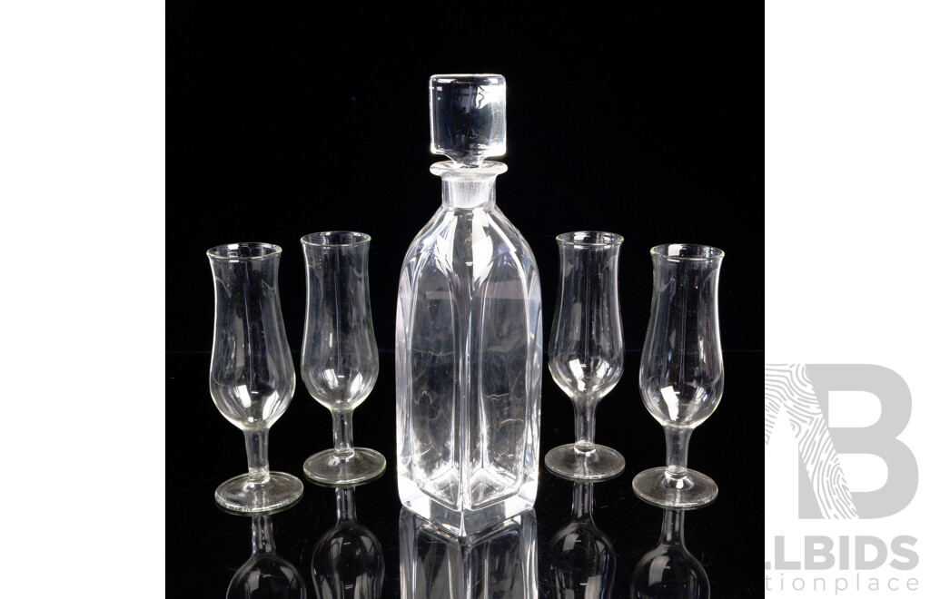 Set Four Hand Made Studio Art Glass Wine Glasses by Peter Minson Along with Orrefors Decanter with Stopper