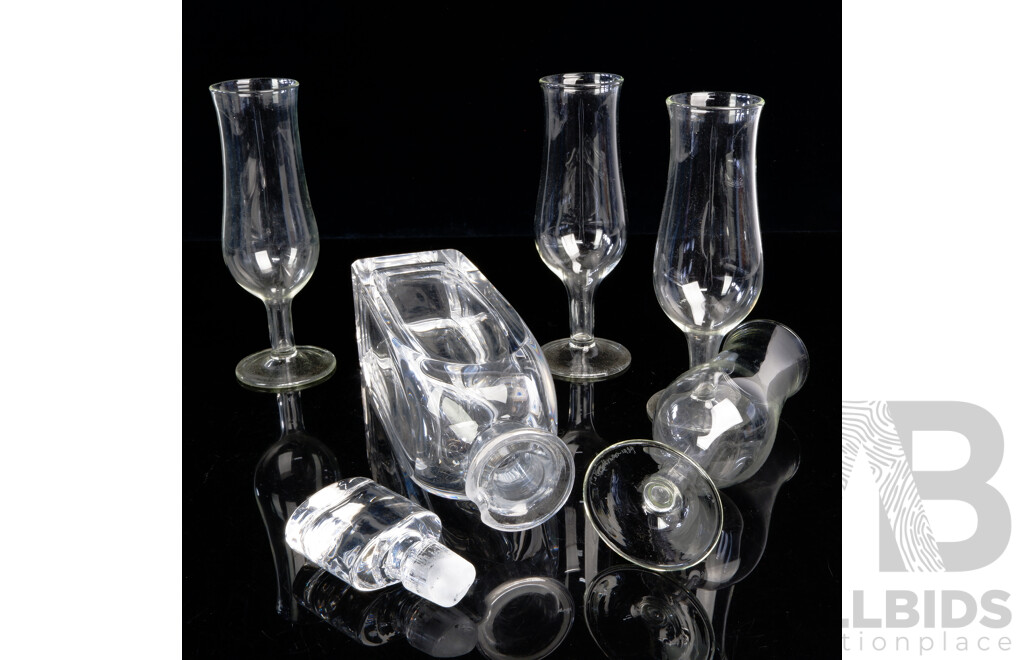 Set Four Hand Made Studio Art Glass Wine Glasses by Peter Minson Along with Orrefors Decanter with Stopper