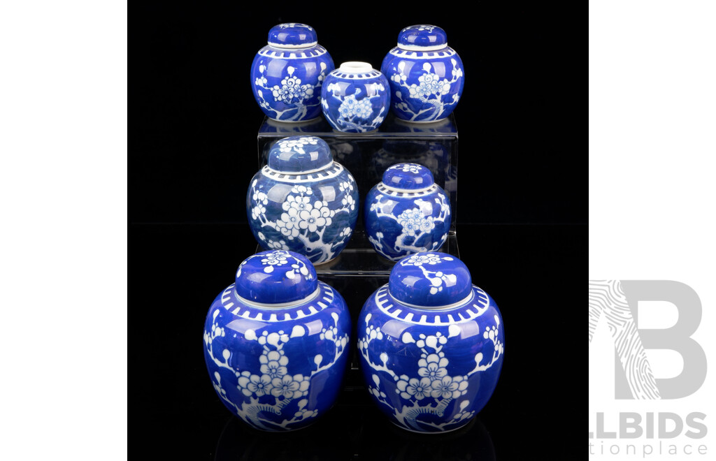 Collection Japanese Blue and White Lidded Ginger Jars with Cherry Blossom Motif