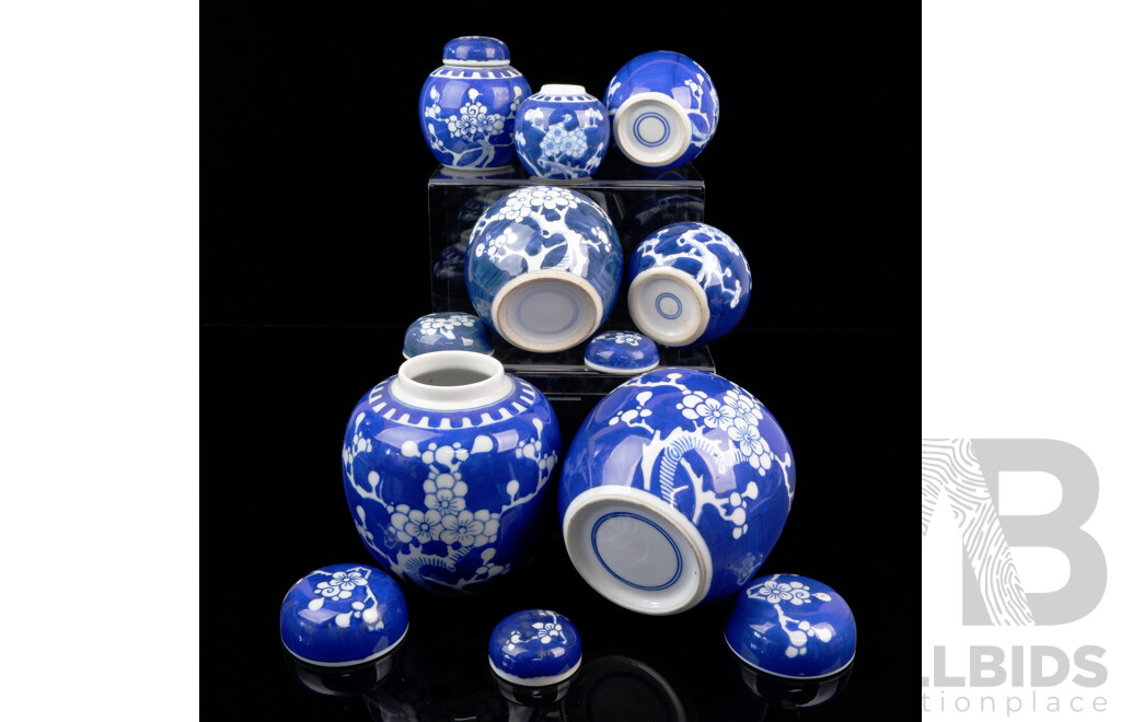 Collection Japanese Blue and White Lidded Ginger Jars with Cherry Blossom Motif