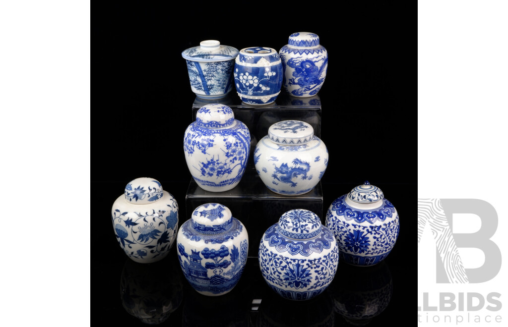 Collection Mostly Japanese Blue and White Lidded Ginger Jars