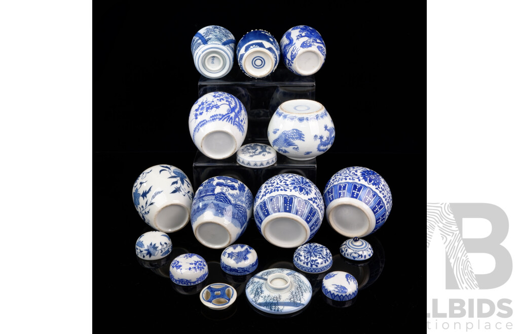 Collection Mostly Japanese Blue and White Lidded Ginger Jars