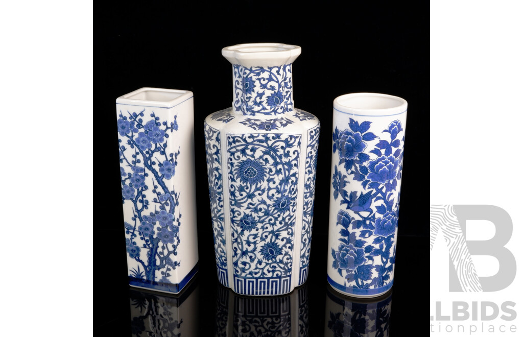 Collection Three Japanese Blue and White Porcleain Vases Including Square Form Example with Cherry Blossom Motif