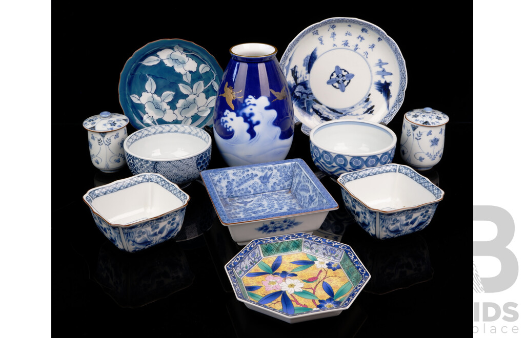 Collection Japanese Porcelain with Blue and White Theme, All Pieces with Character Marks to Bases