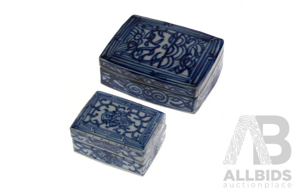 Two Antique Chinese Blue and White Porcelain Lidded Boxes