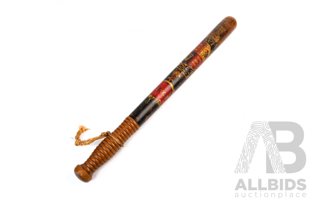 Antique Late Victorian Wooden Truncheon Decorated with Honi Soit Qui Mal Y Pense Motto of the Order of the Garter