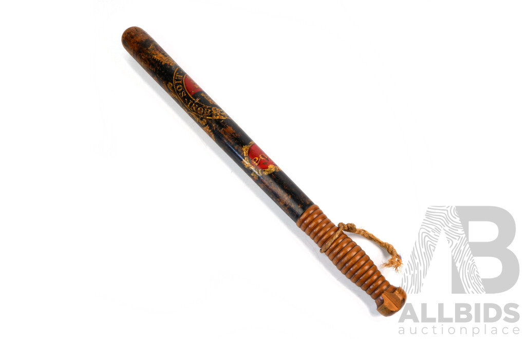 Antique Late Victorian Wooden Truncheon Decorated with Honi Soit Qui Mal Y Pense Motto of the Order of the Garter