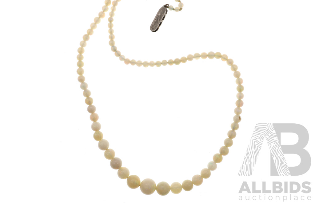 9ct Australian Lightning Ridge White Opal Beaded Vintage Necklace, 43cm, White Gold Clasp Hallmarked 9CT, Missing Hook