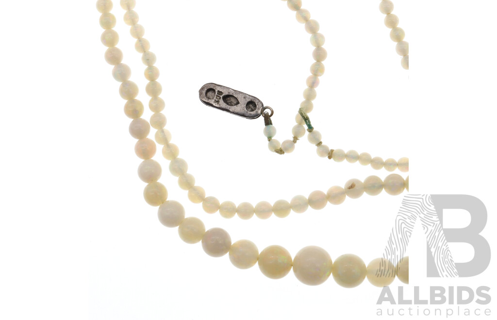 9ct Australian Lightning Ridge White Opal Beaded Vintage Necklace, 43cm, White Gold Clasp Hallmarked 9CT, Missing Hook