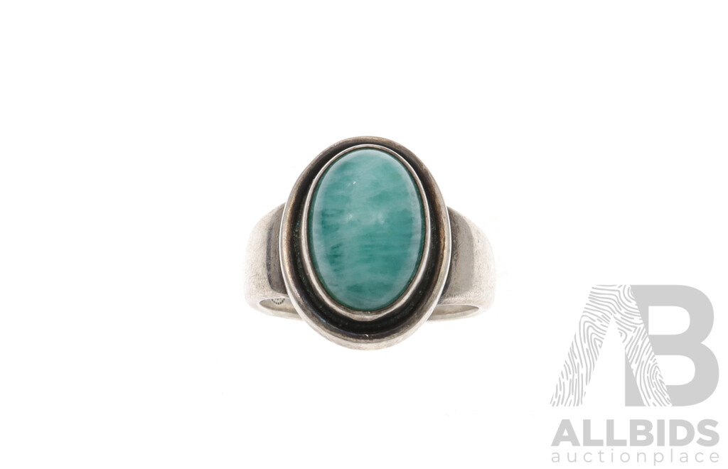 Georg Jensen Vintage Sterling Silver Ring with Amazonite, No. 46A, Size L, 6.84 Grams