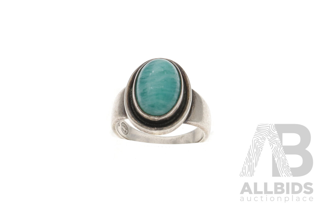 Georg Jensen Vintage Sterling Silver Ring with Amazonite, No. 46A, Size L, 6.84 Grams