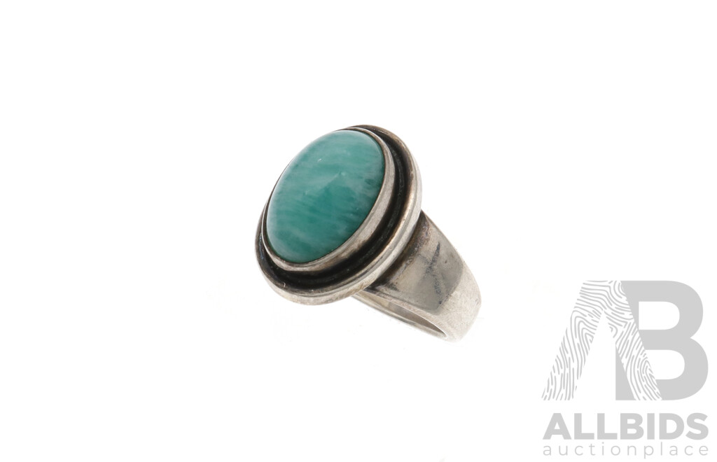 Georg Jensen Vintage Sterling Silver Ring with Amazonite, No. 46A, Size L, 6.84 Grams