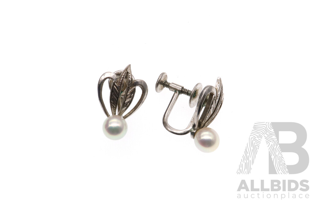 Mikimoto Vintage Sterling Silver Pearl Earrings with Screwback Clip on Fittings, 17mm, 4.19 Grams