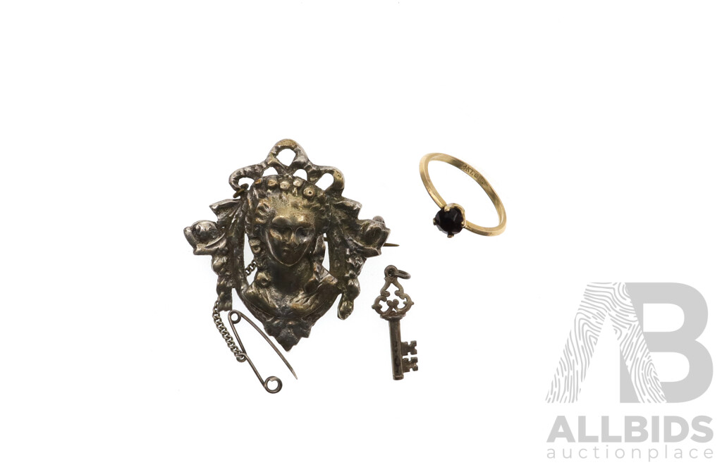 Antique Silver Brooch with Greek Goddess & Safety Chain, with 14ct Gold Filled Garnet Ring & Vintage Silver Key Charm, 16.25 Grams