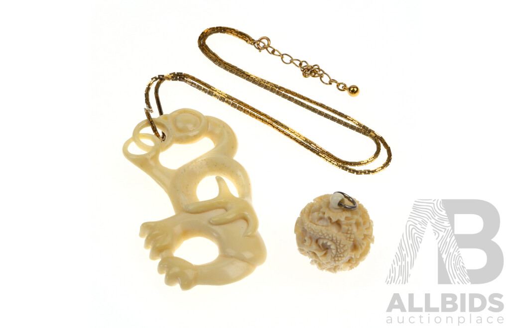 9ct Balestra Link Chain 45+5cm, 3.97 Grams with Vintage Ivory Carved Modernist Pendant and Vintage Carved Ivory Ball Pendant