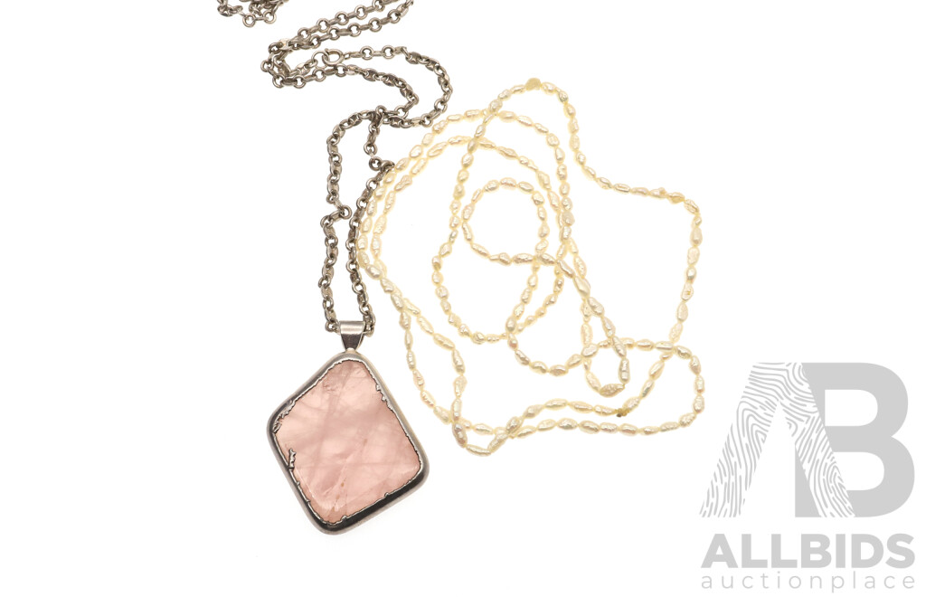 Sterling Silver Rose Quartz Pendant on Chain, 34.69 Grams with Quality Single Long Strand of Rice Pearls, 85cm