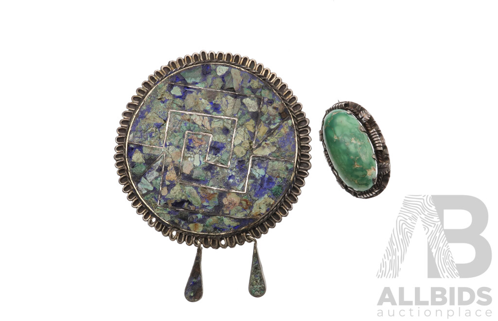 Mexican Sterling Silver Turquoise Mosaic Brooch with Vintage Silver Navajo Turquoise Brooch, 26.98 Grams