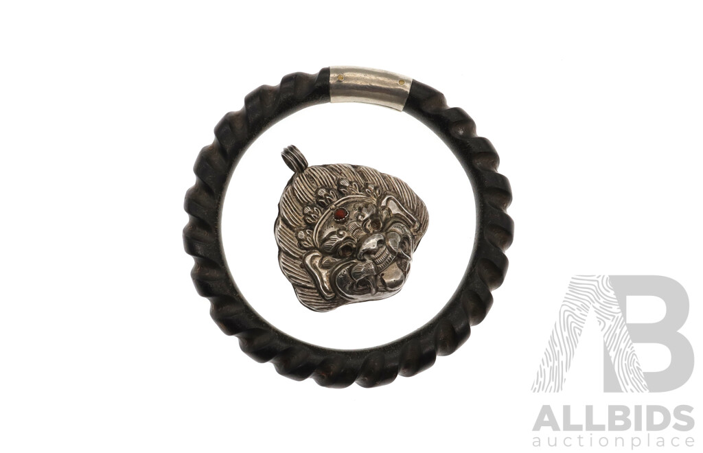 Hand Carved Vintage Ebony Bangle with Sterling Silver Embellishment and Silver Vintage Mahakala Pendant with Carnelian