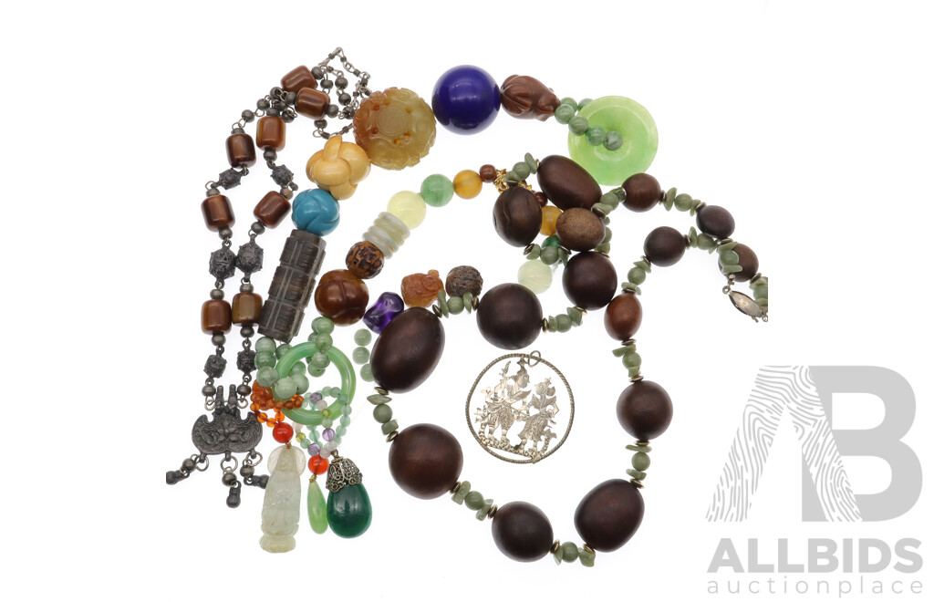 Heavy Natural Stone Beads with Jade, Wood & Jade Beads and Middle Eastern Amber Bakelite Necklace