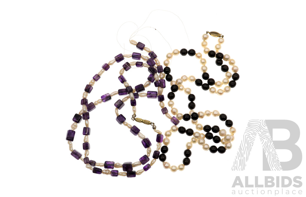 Baroque Rice Pearl & Amethyst Beaded Necklace, 80cm with FW Cultured Pearl & Onyx Beaded Necklace, 70cm