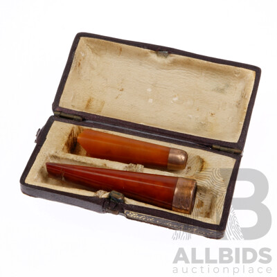 Antique 9ct Carved Amber Cigar & Cheroot Holders in Case, Birmingham 1907