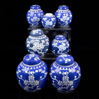 Collection Japanese Blue and White Lidded Ginger Jars with Cherry Blossom Motif