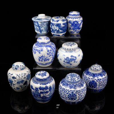 Collection Mostly Japanese Blue and White Lidded Ginger Jars