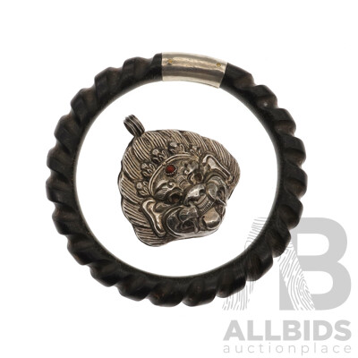 Hand Carved Vintage Ebony Bangle with Sterling Silver Embellishment and Silver Vintage Mahakala Pendant with Carnelian