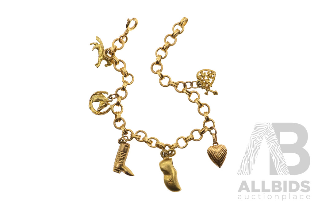 18ct Yellow Gold Charm Bracelet with (6) Vintage Charms in 9/18ct, 19cm, 14.0 Grams