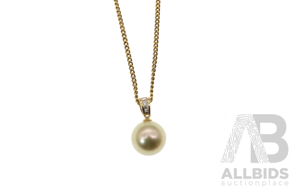 14ct Cultured 11mm Pearl Pendant with Tapered Baguette CZ Stones in Bale, on 9ct Curb Link Chain, 40cm, 5.64 Grams