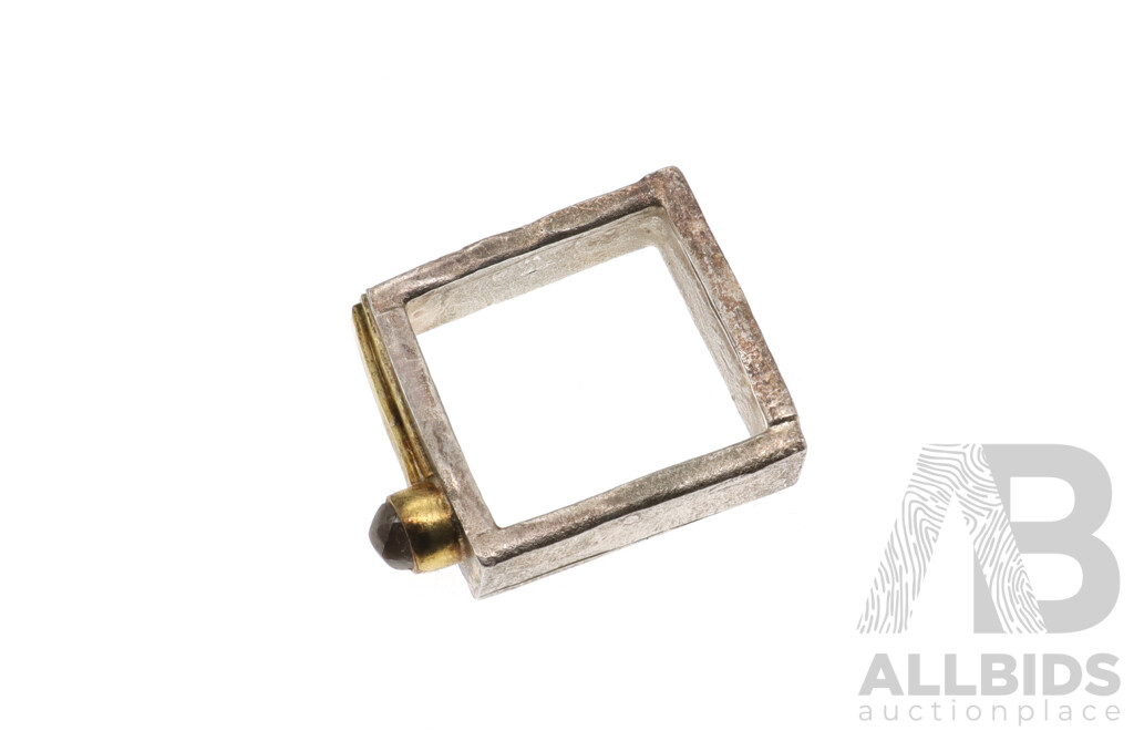 Sterling Silver Handmade Artisan Square Shaped Ring with 9ct Yellow Gold & Rose Cut Salt & Pepper Diamond, Size L, 10.0 Grams