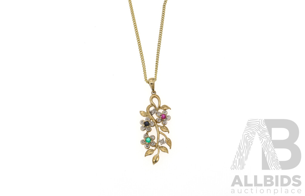 9ct Floral Pendant with Sapphire, Ruby, Emerald & Diamonds From Angus & Coote, on Presentation Chain, 1.74 Grams