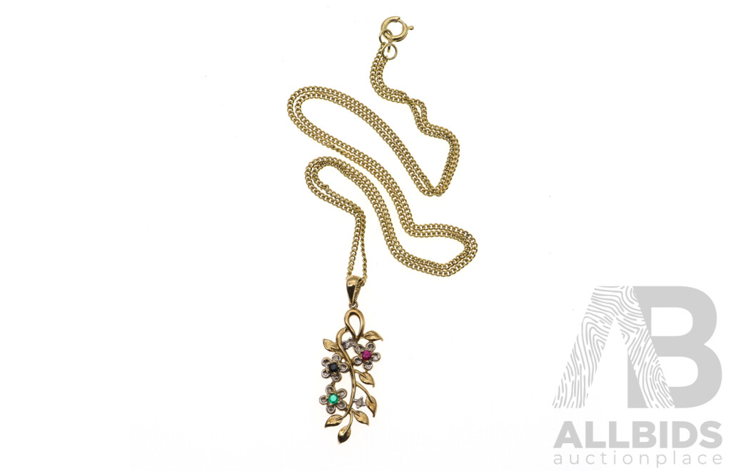 9ct Floral Pendant with Sapphire, Ruby, Emerald & Diamonds From Angus & Coote, on Presentation Chain, 1.74 Grams