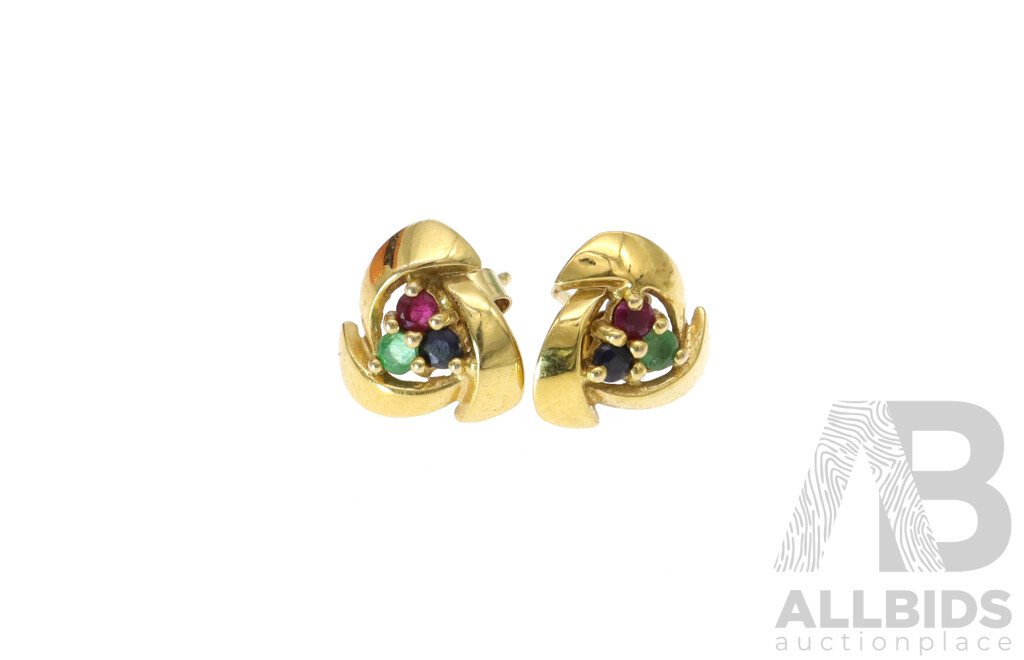 9ct Yellow Gold Stud Earrings Set with Natural Sapphire, Ruby & Emerald Gemstones, 9mm, 0.97 Grams