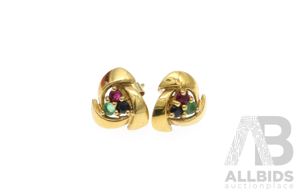 9ct Yellow Gold Stud Earrings Set with Natural Sapphire, Ruby & Emerald Gemstones, 9mm, 0.97 Grams