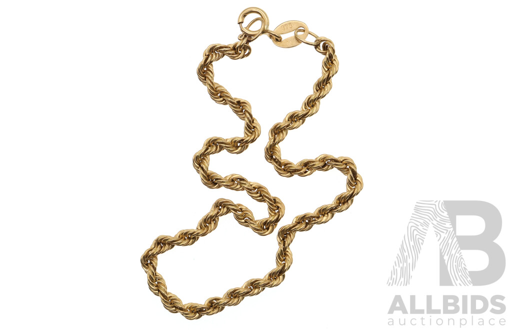 9ct Rope Link Bracelet, 18cm, Hallmarked 375 Israel, 1.33 Grams