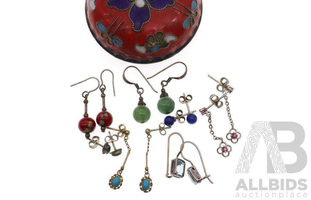 Collection of Sterling Silver (7) Earrings with Natural Gemstones, 9.67 Grams in Red Cloisonne Trinket Box