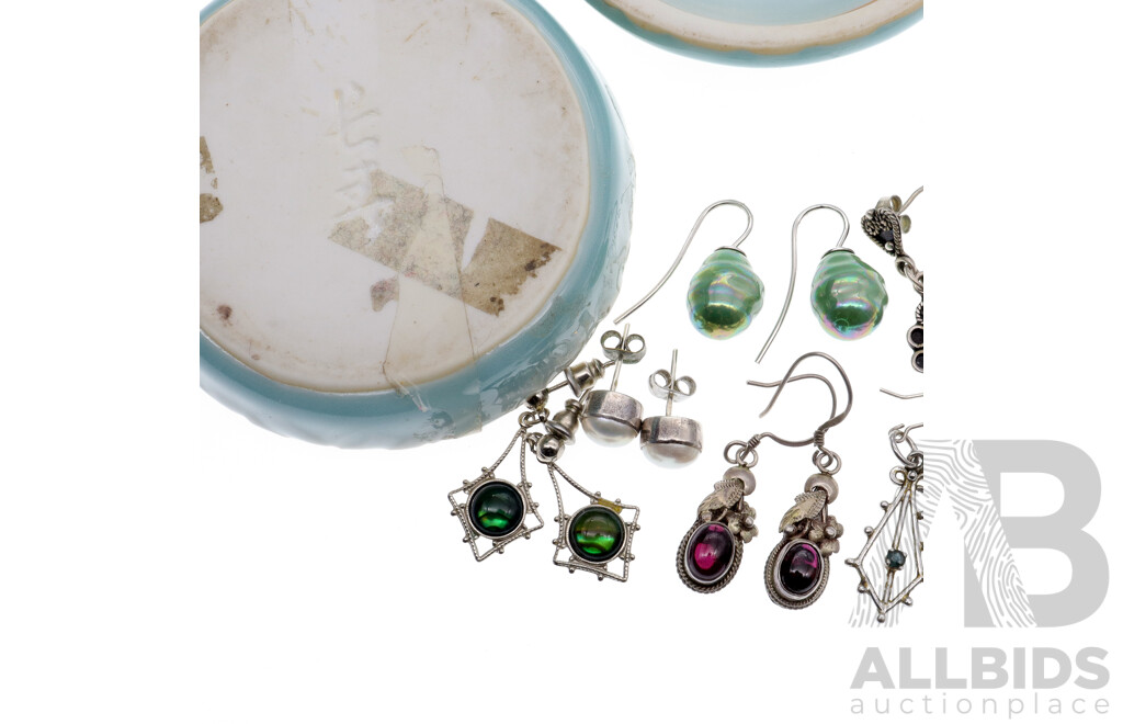 Collection of Sterling Silver Drop Earrings with Natural Gemstones in Duck Egg Blue Handmade Ceramic Trinket Dish