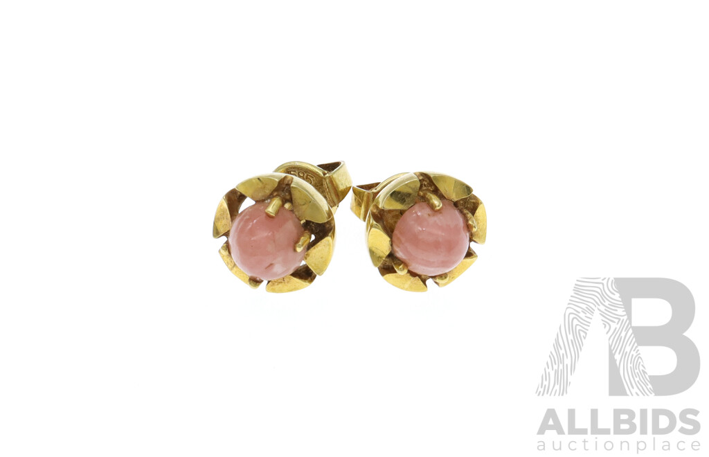 14ct Yellow Gold Stud Earrings with Rose Quartz Cabochons, 9.5mm, 3.88 Grams