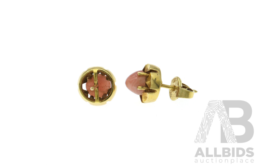 14ct Yellow Gold Stud Earrings with Rose Quartz Cabochons, 9.5mm, 3.88 Grams