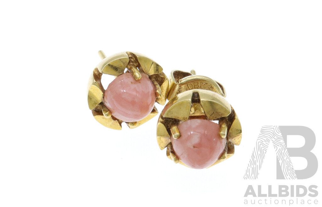 14ct Yellow Gold Stud Earrings with Rose Quartz Cabochons, 9.5mm, 3.88 Grams