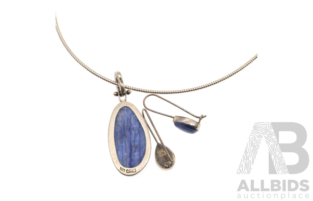 Sterling Silver Kyanite Natural Gemstone Pendant on SS Omega Chain with Matching SS Kyanite Drop Earrings, 21grams