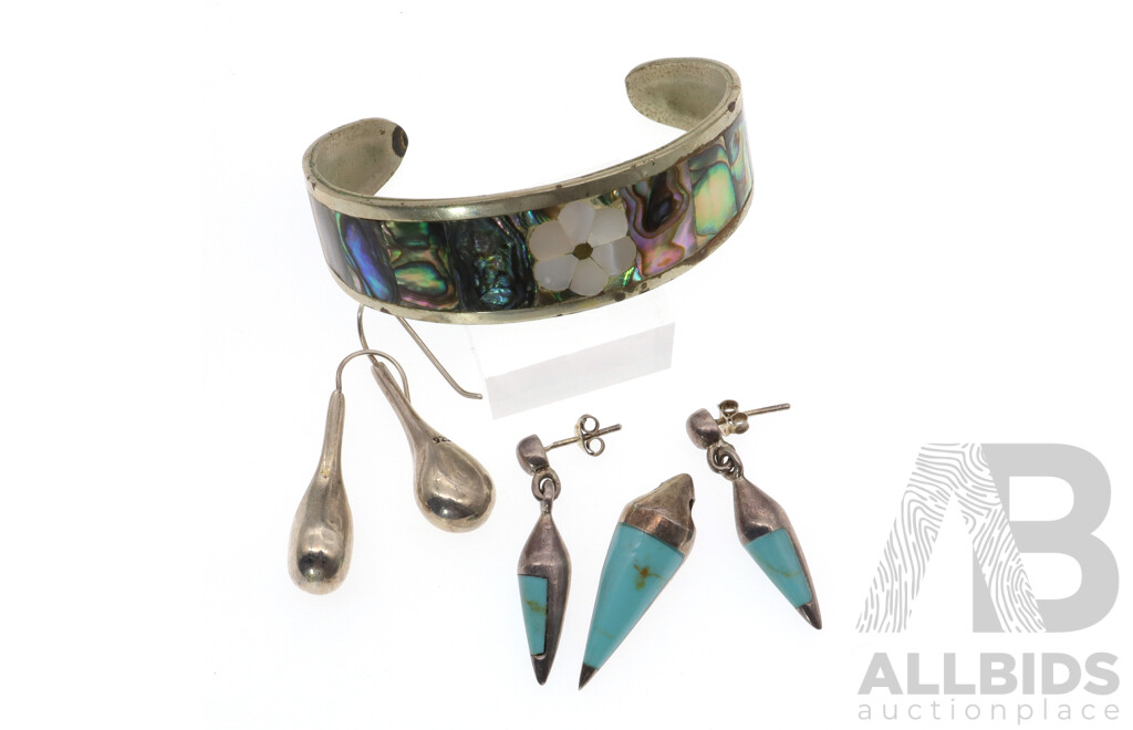 Sterling Silver Turquoise Inlaid Pendant and Earrings, SS Gourd Drop Earrings and Alpaca Mexico Silver MOP/Paua Shell Inlay Cuff Bangle