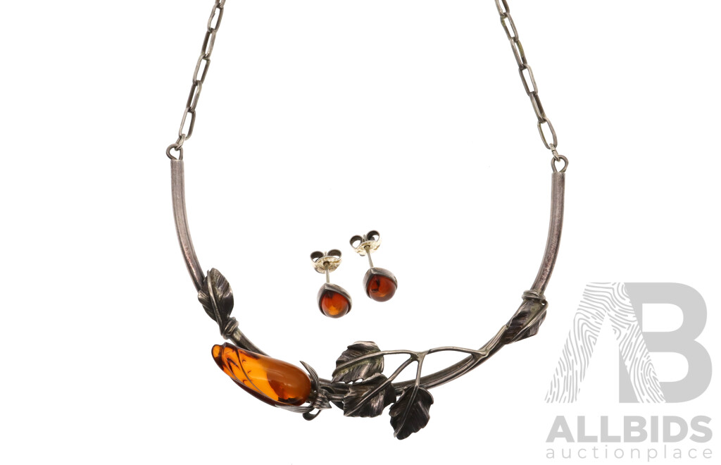 Sterling Silver Vintage Amber Carved Rose Necklace and Matching Pear Shaped Amber Cabochon Studs, 18 Grams