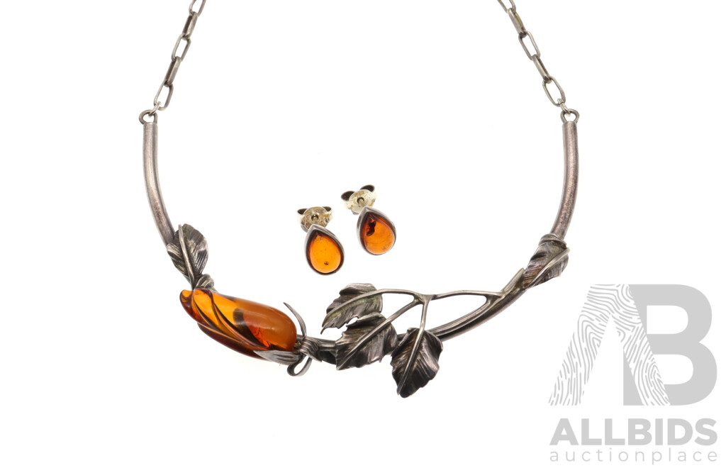 Sterling Silver Vintage Amber Carved Rose Necklace and Matching Pear Shaped Amber Cabochon Studs, 18 Grams