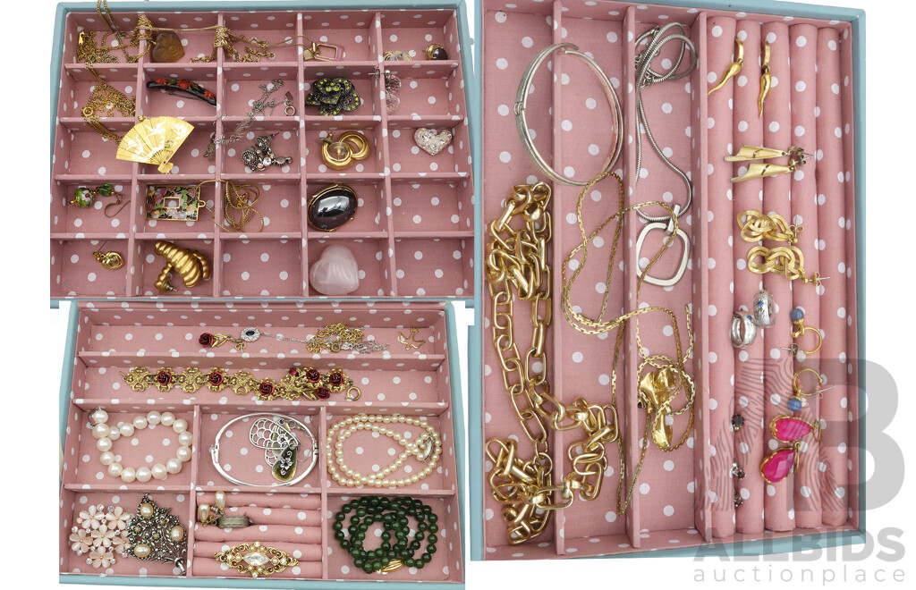 Large Collection of Quality Vintage Jewellery Items in Three Tray Jewel Box, Including Jade, FW Pearls, Oroton and Sarah Coventry