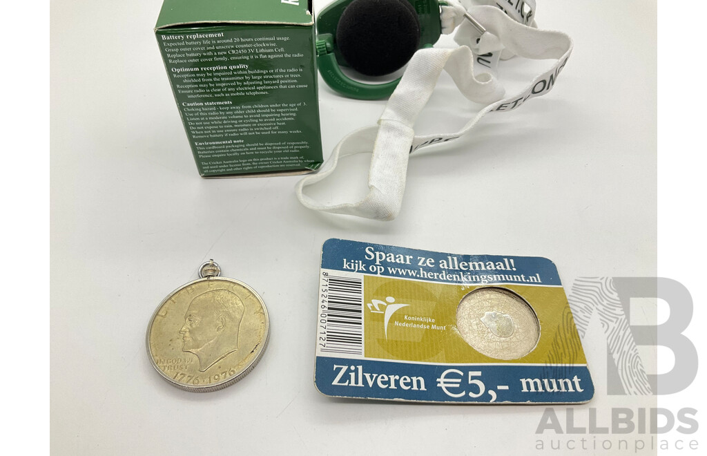 1995 5 Australie 400 Jaar Nederland Zilveren Munt Het Australie Vijfje, 0.999 Silver with 1976 US Bicentennial One Dollar Coin Converted to Pendant, Cricket Australia Radio