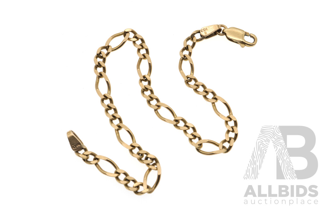 9ct Figaro 3+1 Bracelet, 19cm, 4.3mm Wide, 4.75 Grams