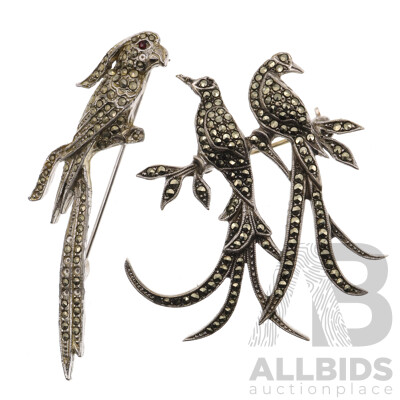 Australian Mid Century Sterling Silver Marcasite 'Bird of Paradise' Brooch, Lega 1950's with Silver Plated Marcasite Parrot Brooch