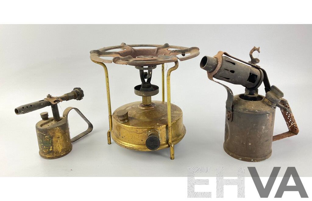 Vintage Brass Alladin Camping Stove, Small Darlton Blow Torch and Primus Blow Torch